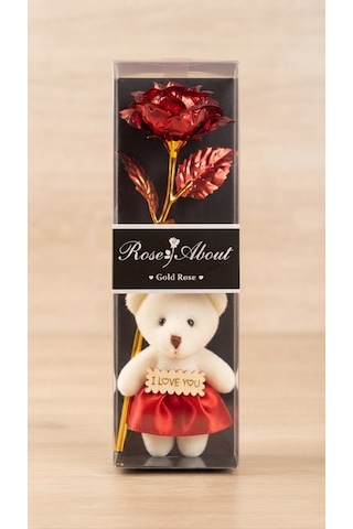 Sevgiliye Hediye Gold Folyo Gül Ve I Love You Yazılı Peluş Ayıcık Seti - Özel Kutulu