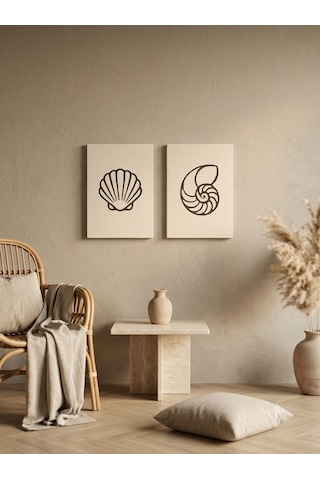 Maris Relief 2'li Duvar Sanatı Seti - Modern Minimalist Deniz Kabuğu Motifli Kazıma Tablo