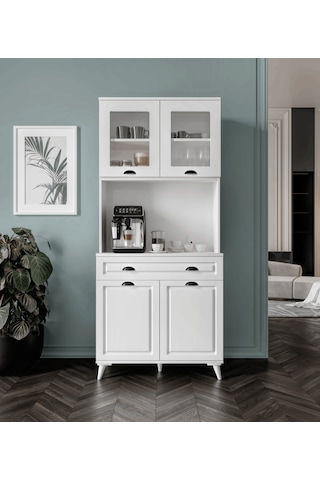 Guneystore Luna 93 Cm Ayaklı Kahve Köşesi Komple Mdf, Led Aydınlatmalı, Çok Amaçlı Mutfak Ve Airfryer Dolabı Beyaz