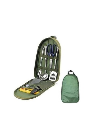 Tongxida 7 Parça Kamp Mutfak Eşyası Seti Turuncu Yeşil Taşıma Çantası Yeşil