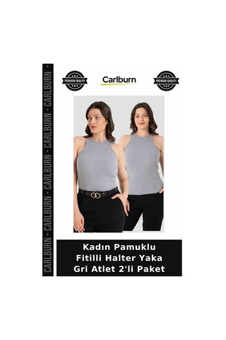Carlburn Kadın Pamuklu Fitilli Halter Yaka Gri Atlet 2'li Paket Kombin Parçası Günlük Giyim Temel Giysi Gri 2