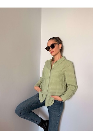 Ali Butik Çağla Fitilli Gizli Düğme Detaylı Viskon Gömlek Çağla