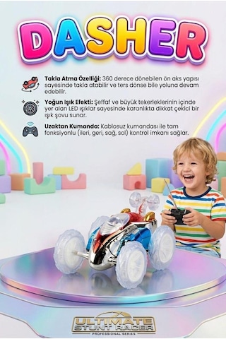 Çılgın Dasher Uzaktan Kumandalı Işıklı Takla Atan Araba 360 Derece Dönebilen Akrobatik Oyuncak Araba Beyaz