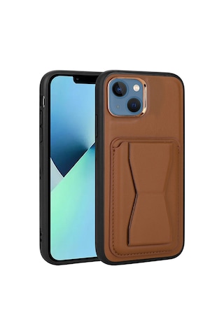 Zore Apple iPhone 13 Uyumlu Kartlıklı Standlı Pu Deri Omsy Memo Kılıf-kahverengi