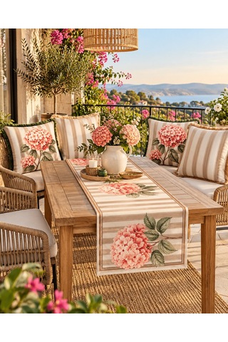 Çizgili Çiçek Desenli Runner + 4 Lü Kırlent Kılıfı Kombin Seti 45 x 45