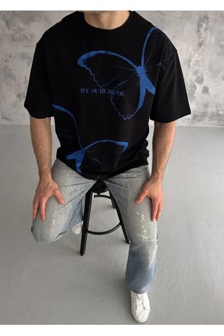 Modi Unisex Bisiklet Yaka Baskılı Oversize T-shirt - Siyah - Mymg180610
