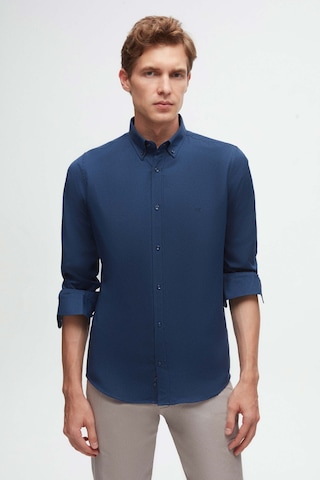 D'S Damat Ds Damat Slim Fit İndigo Oxford Düğmeli Yaka Kolay Ütülenebilir Nakış Detaylı Pamuklu Gömlek 4HC02ORT03265 İndigo