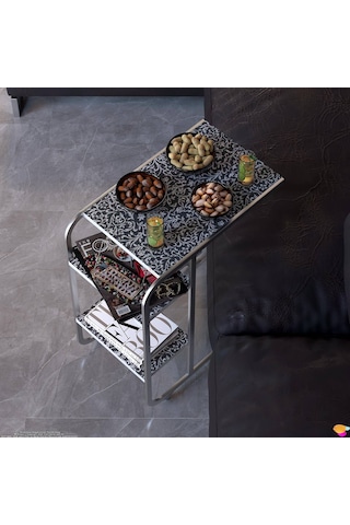 Modilayn C Yan Sehpa Dar Boy Tekerlekli Çalışma, Atıştırmalık, Yemek, Laptop Sehpası Siyah Desenli Siyah