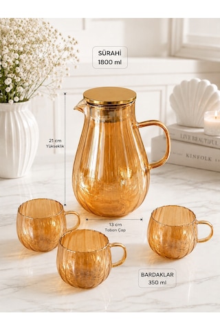 Qerhome Isıya Dayanıklı Amber Borosilikat Cam Sürahi Seti-1800 Ml Sürahi 4 Adet Kulplu Bardak Takımı Dr