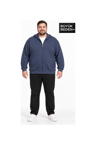 Süperlife Erkek Büyük Beden İki İplik Kapüşonlu Fermuarlı Cepli Sweatshirt Hırka Spr26bhr961 Indigo