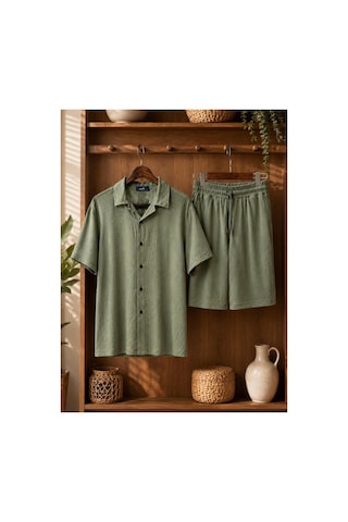 Mcz Yeşil Renk Bürümcük Kumaş Slim Fit Erkek Şort - Gömlek Alt Üst Takım