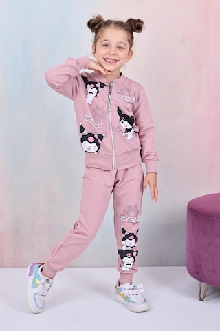 Karakter Baskılı Penye Ceketli - Penye Sweatshirt - Penye Pantolonlu Kız Çocuk 3lü Takım Gül Kurusu