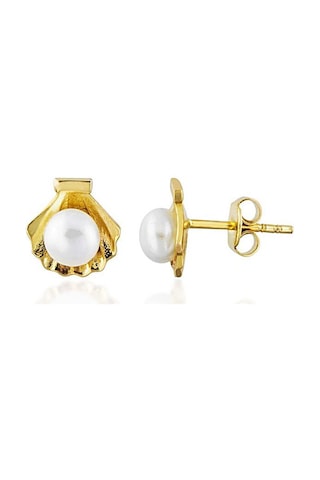 İstiridye İncili Altın Küpe Çivili 14K Gold