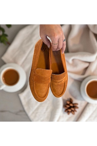 Ne&ve Shoes Taba Süet Hakiki Deri Kadın Loafer Ayakkabı