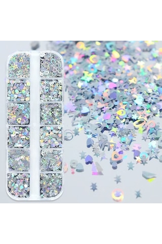 Holografik Gümüş Tırnak Süsleme Folyo Pulları Karışık Dizayn Kelebek Kalp Harfler Yıldızlar Nail Art