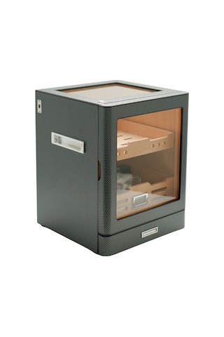 Premiumquality Sucre Aksesuar Çekmeceli İçi Ledli Karbon Desenli Sedir Humidor Puro Kutusu - Tr9647
