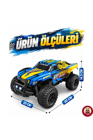 Uzaktan Kumandalı Arazi Aracı 20 Km Hız 2.4 Ghz Şarjlı Süspansiyonlu Büyük Teker Led Işıklı Rc Araba 30 Cm Mavi