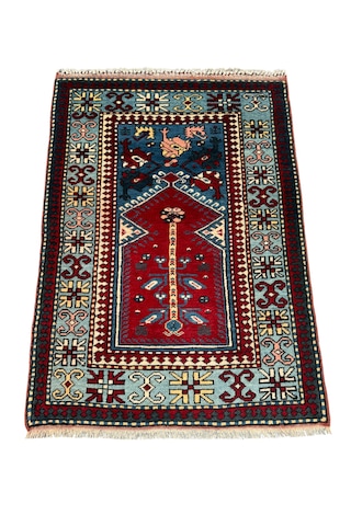 El Dokuma Sıfır Yörük Halısı Seccade 93x135 Turkuaz Yün Namazlık