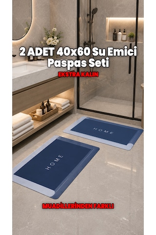 2 Adet 40x60 Ekstra Kalın Su Emici Kaymaz Taban Banyo Paspası Seti Mutfak Tezgah Önü Paspas - Muadillerinden Farklı Lacivert