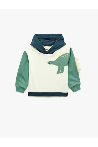 Koton Uzun Kollu Pamuklu Şardonlu Dinozor Baskılı Kapşonlu Sweatshirt Ekru 7wmb10012tk