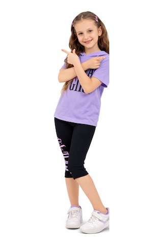 İrem Çocuk Giyim Kız Çocuk Stay Girl Yazı Desenli Kapüşonlu Tişört Kaprili Mor Renk İkili Takım Mor