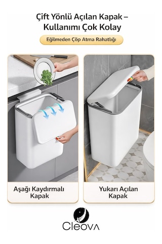 8.8 Lt Mutfak Tezgah Üstü Ve Dolap Askılı Çöp Kovası Beyaz