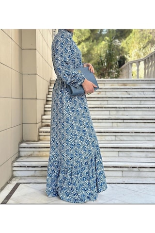 Lasorella Butik Desenli Mavi Uzun Elbise