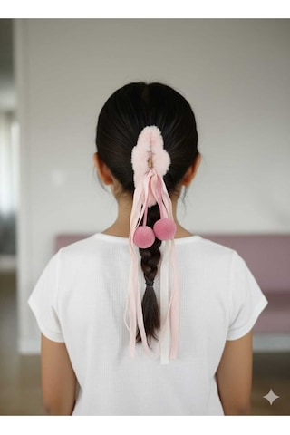 Peluş Pompomlu Kurdelalı Mandal Toka Pembe