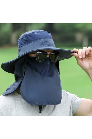 Çıkarılabilir Boyun Koruyucu Ve Yüz Siperli Geniş Kenarlı Güneşlikli Şapka Mavi