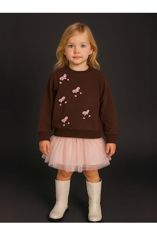 Kız Çocuk Fiyonk İşlemeli Sweatshirt-16134 Kahverengi