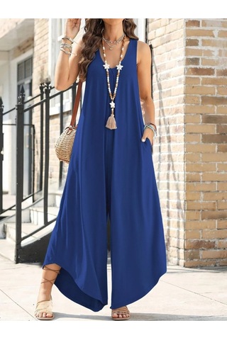 Soonaksesuar Kadın Askılı Yuvarlak Yaka Cepli Salaş Uzun Viskon Tulum Mavi