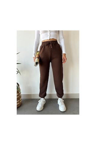 Gugus Trend Kadın Kışlık Kalın İçi Polarlı Yüksek Bel Paçası Lastikli Basic Jogger Eşofman Altı Kahverengi