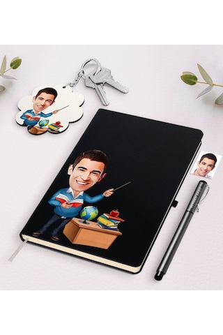 Kişiye Özel Erkek Öğretmen Karikatürlü Siyah Defter Kalem Ve Anah N11.1436