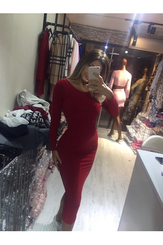 Pink Life Sandy Kumaş Uzun Kullu Kırmızı Maksi Elbise Kırmızı