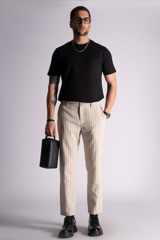 Braccas Beli Yarım Lastikli Slim Fit Chino Çizgili Crop Pantolon Bej Çizgili Bej Çizgili Bej