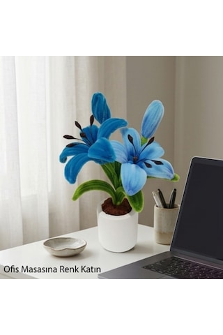 Crystal Coza El Yapımı Saksılı Mavi Şönil Çiçek 28 Cm - Salon Yatak Odası Ofis Dekoratif Yapay Çiçek Lilyum Mavi - Yeşil