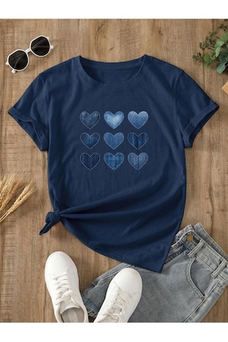 Uyguntarz Unisex Jean Desenli Kalp Tasarım Basklı Tshirt Lacivert