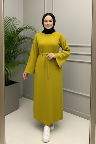 Defymoda Kadı Sarı Ribanalı / Fitilli Uzun Tesettürlü Kışlık Elbise - Çan Kol Detaylı Astarlı/örme Sarı