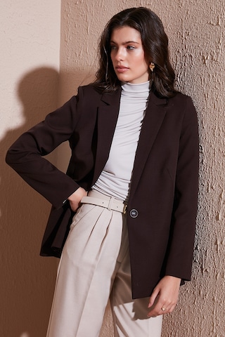 Lela Standart Fit Mono Yaka Desenli Astar Detaylı Blazer Bayan Ceket 6524003 Kahve