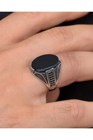 Oniks Taşlı Zirkon Taş Süslemeli 925 Ayar Gümüş Erkek Yüzüğü 800525