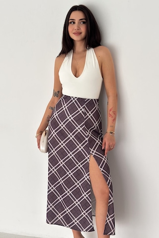 Kadın Yırtmaç Detaylı Ekose Uzun Etek Slit Plaid Mor