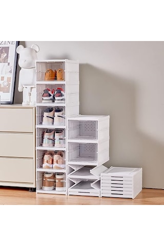 6 Katlı Kapaklı Katlanabilir Plastik Şeffaf Ayakkabı Dolabı Beyaz