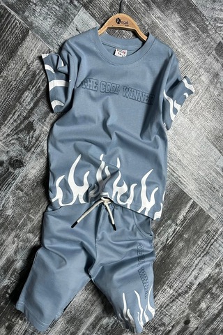 Yeni Sezon Alev Desenli Mavi Renk Erkek Çocuk Şortlu Takım Mavi