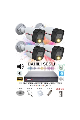 Fury 4 Lü Sesli Gece Renkli Görüş Güvenlik Kamerası Su Geçirmez Güvenlik Kamerası Seti 250gb