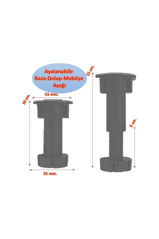 Ayarlanabilir Baza Ayağı 10-15 Cm - Tezgah Ve Mobilya Ayağı 300 Adet Gri