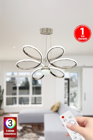 Fuzon Orkide Medium 3 Renk Toplu Kumandalı Led Avize Gümüş Salon Avize Gümüş