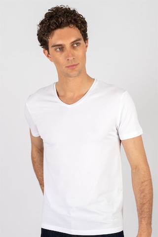 Tudors 16652 Slim Fit Dar Kesim V Yaka Kısa Kol Basic Erkek Tişört Beyaz