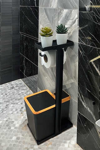 3'ü 1 Arada Banyo Seti Tuvalet Kağıtlık, Çöp Kovası Ve Tuvalet Fırça Takımı Kahverengi - Siyah