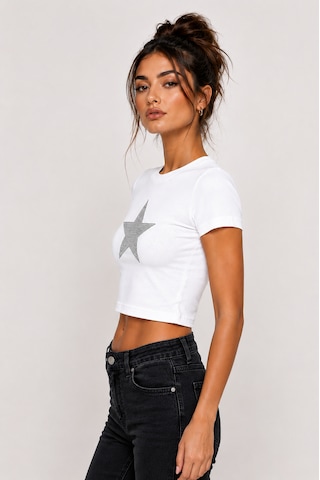 Bozzbozzcollection Beyaz Taşlı Yıldız Detaylı Basic Crop Tişört Kadın