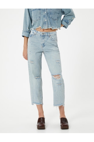Koton Çok Yıpratmalı Kısa Düz Kesik Paça Kot Pantolon Cepli - Eve Straight Jeans Açık İndigo 4sal40409md Açık İndigo